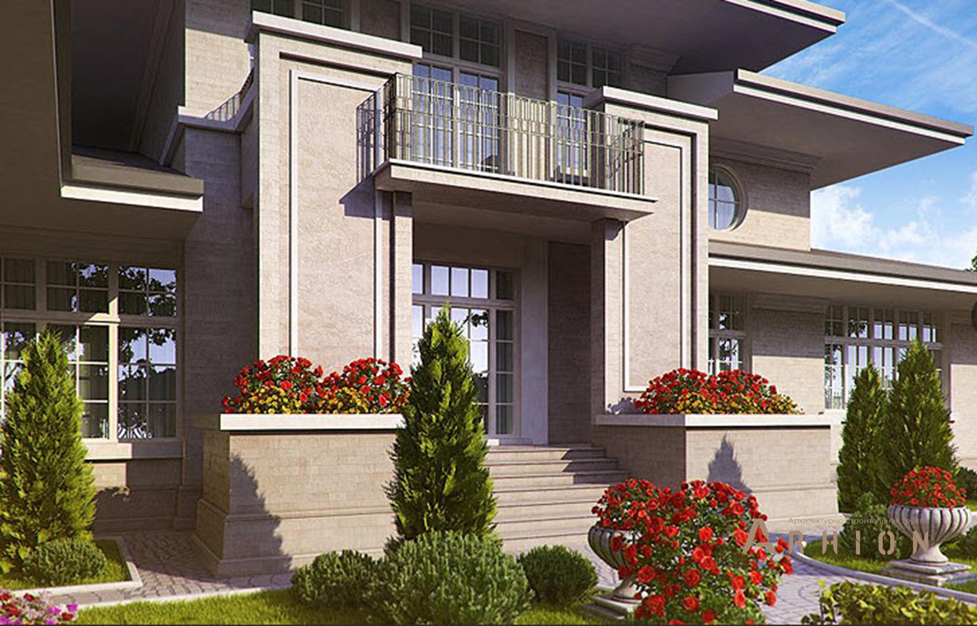 7. Проект двухэтажного дома в стиле Ллойда Райта (прерий) с многоскатной кровлей, SOV-14, площадью - 568 кв c терассой, балконом, бассейном, эркером, вторым светом